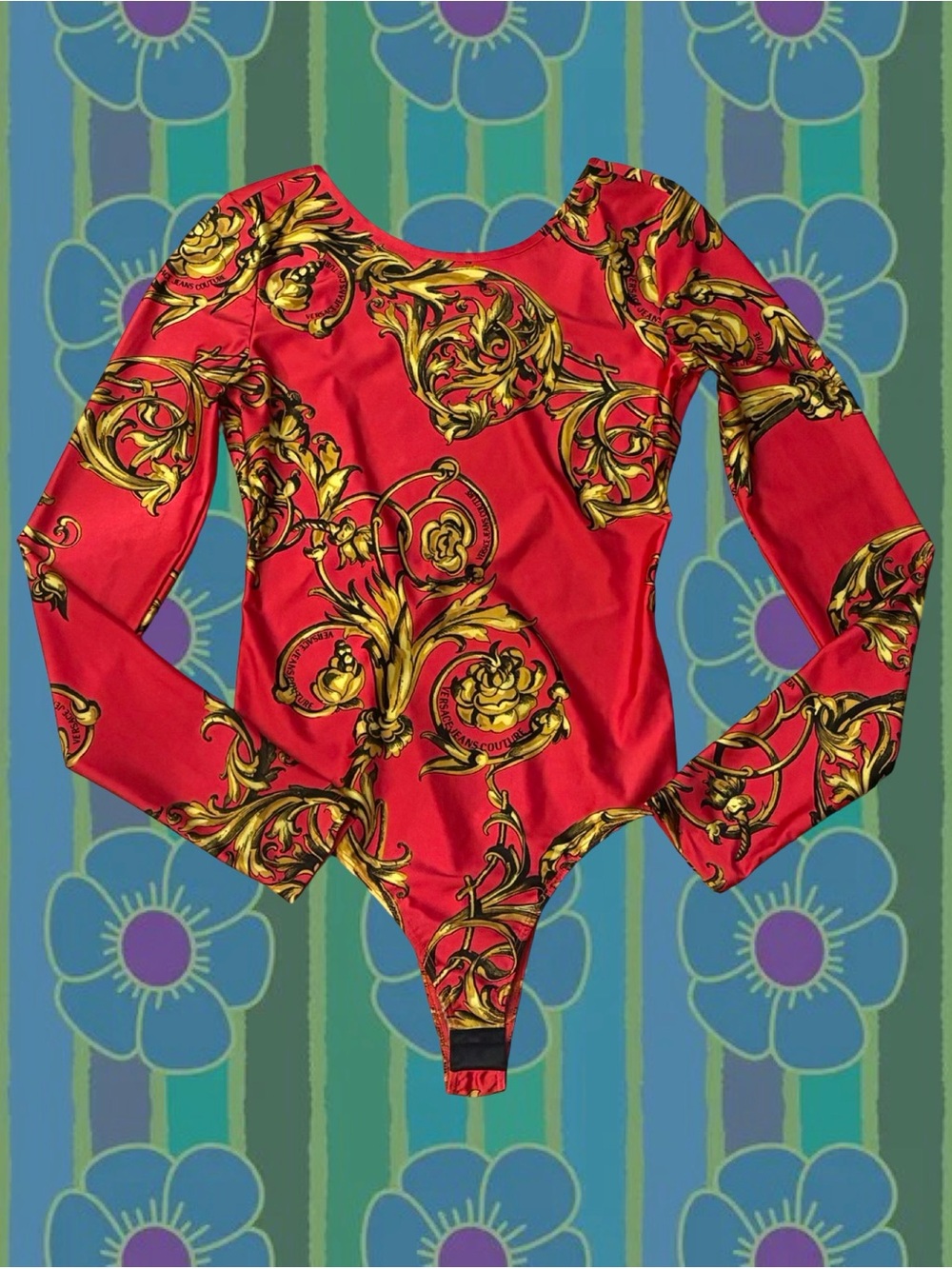 Versace Red and Gold Regalia Baroque Long-Sleeve Bodysuit